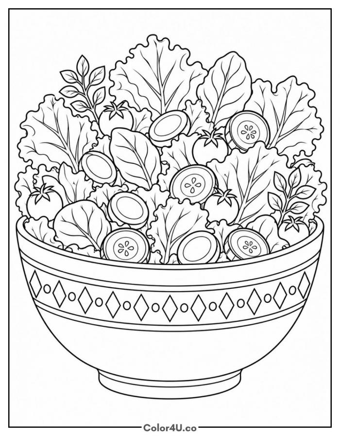 Detailed leafy salad bowl with diamond pattern, detailed salad coloring page, free printable