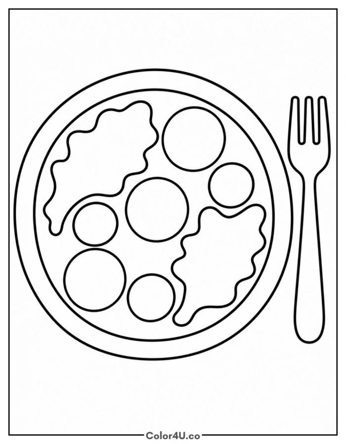 Salad plate with lettuce and a fork, easy salad coloring page, free printable