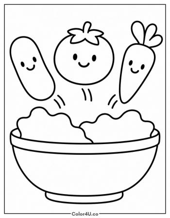 Veggie Friends Jumping into a Salad coloring page