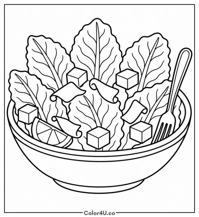 Caesar salad with croutons and romaine, medium salad coloring page, free printable