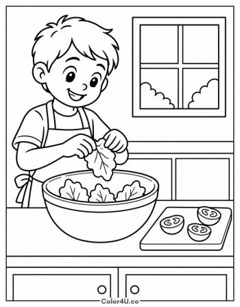 Kid Making a Salad coloring page