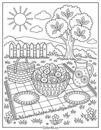 Picnic Salad on a Checkered Blanket coloring page