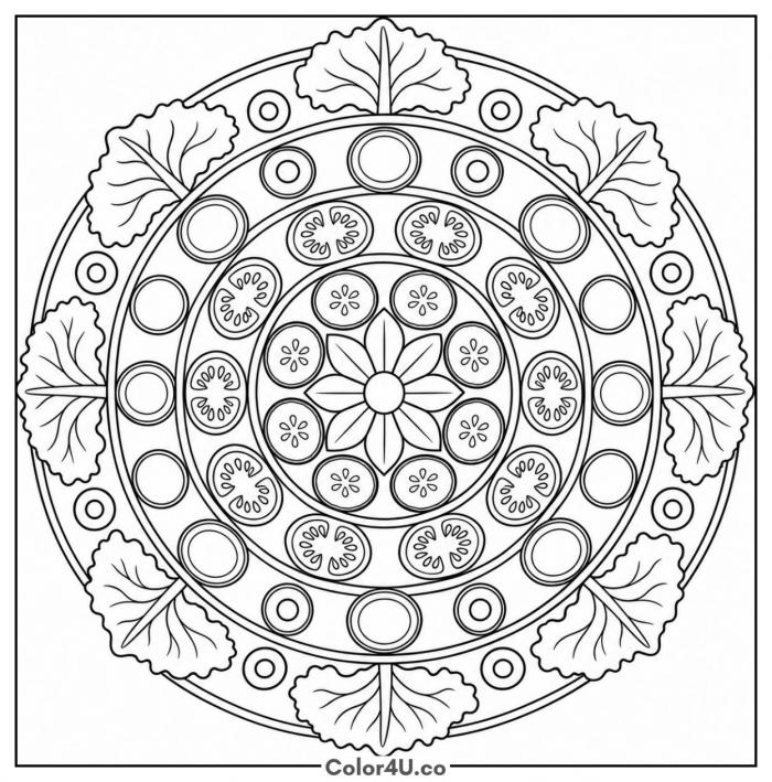Salad mandala with tomato and cucumber slices, detailed salad coloring page, free printable