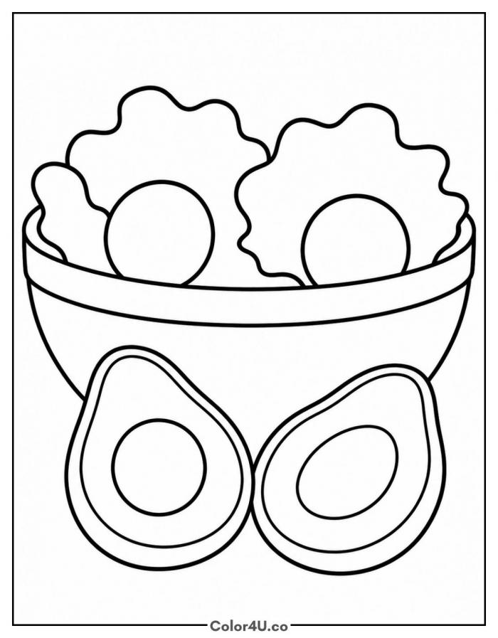 Avocado salad bowl with two avocado halves, easy salad coloring page, free printable