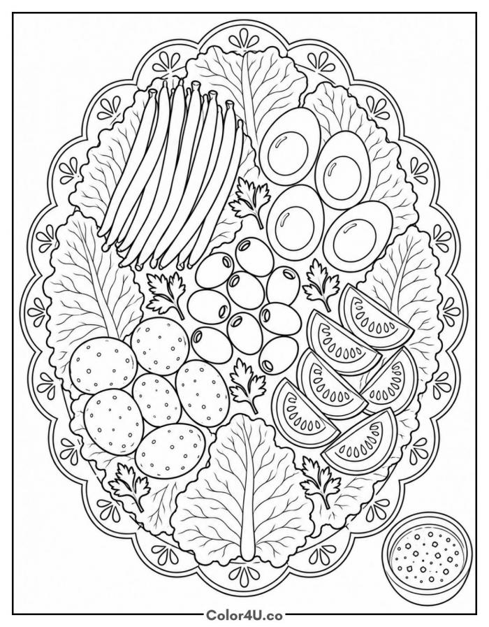 Salade Nicoise platter with eggs and green beans, detailed salad coloring page, free printable