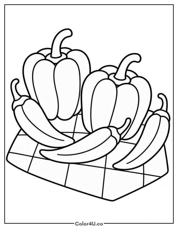 Bell and chili peppers on a checkered cloth, medium pepper coloring page, free printable