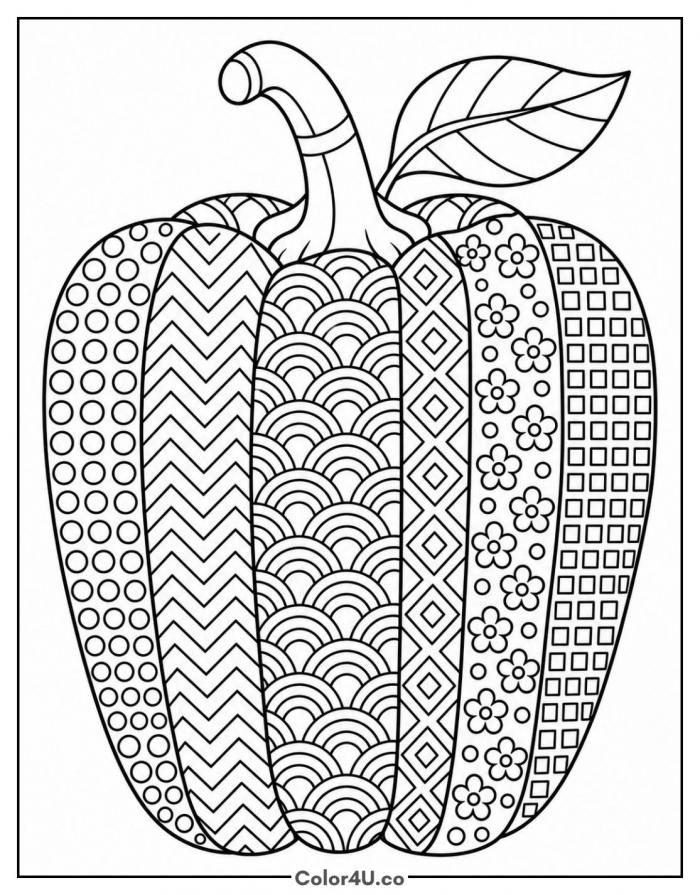 Bell pepper filled with doodle patterns, detailed pepper coloring page, free printable