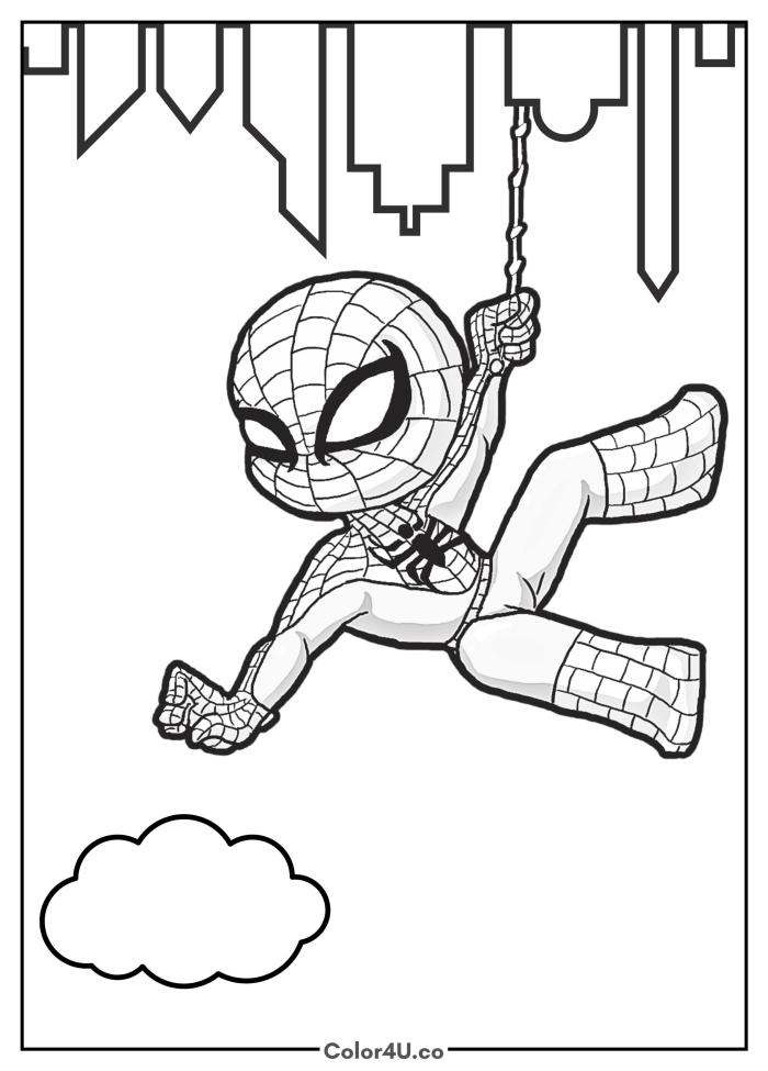 Chibi Spider-Man hanging from a web above city buildings, medium coloring page, free printable