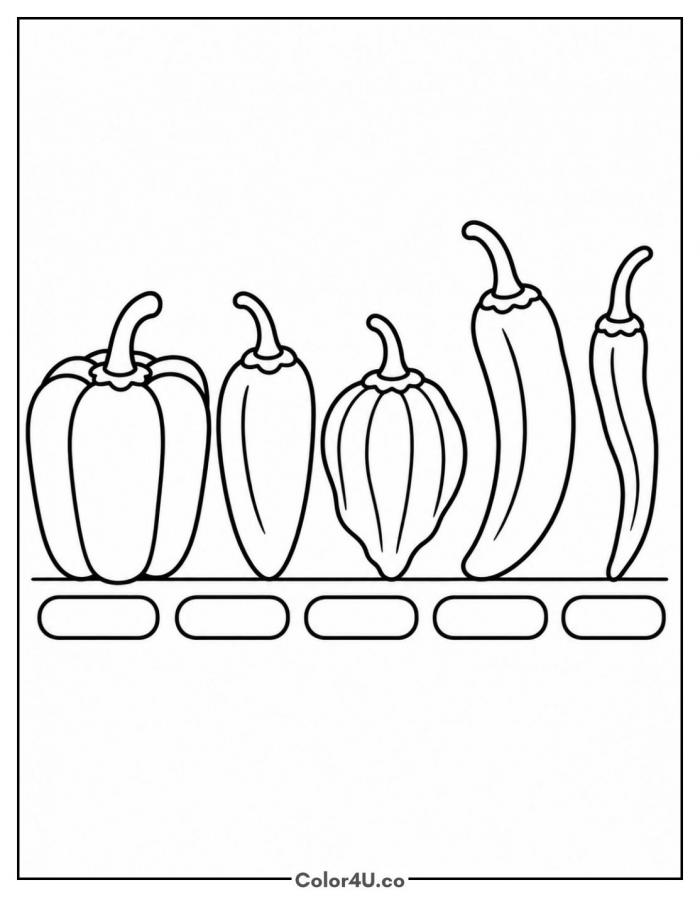 Five pepper varieties in a row with blank labels, easy pepper coloring page, free printable