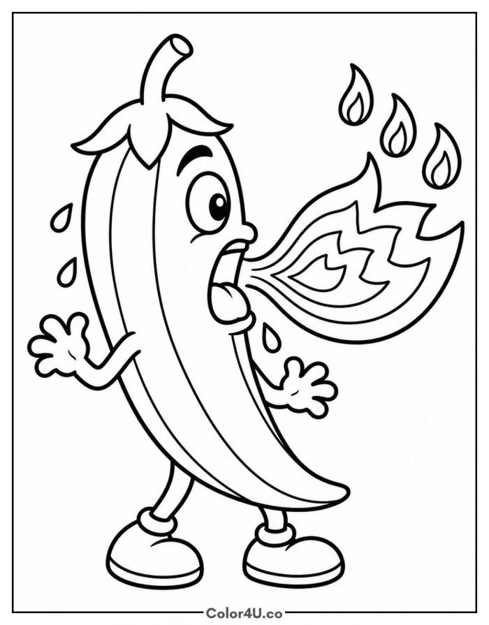 Cartoon chili pepper breathing fire, medium pepper coloring page, free printable