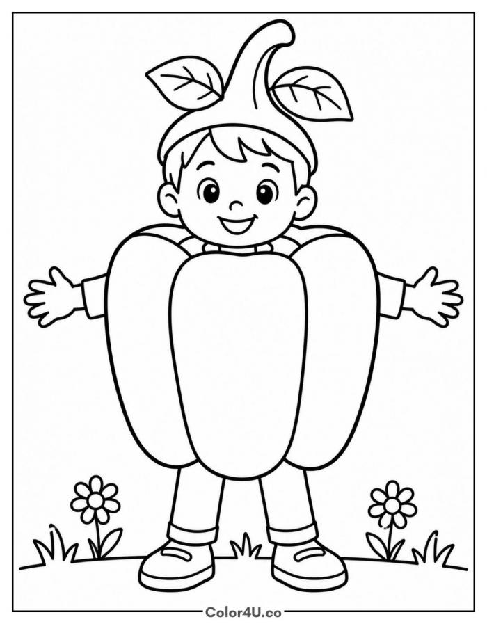 Kid wearing a bell pepper costume, medium pepper coloring page, free printable