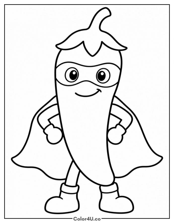 Chili pepper superhero with mask and cape, easy pepper coloring page, free printable