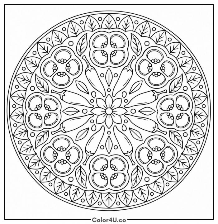Pepper mandala with sliced peppers and chilis, detailed pepper coloring page, free printable