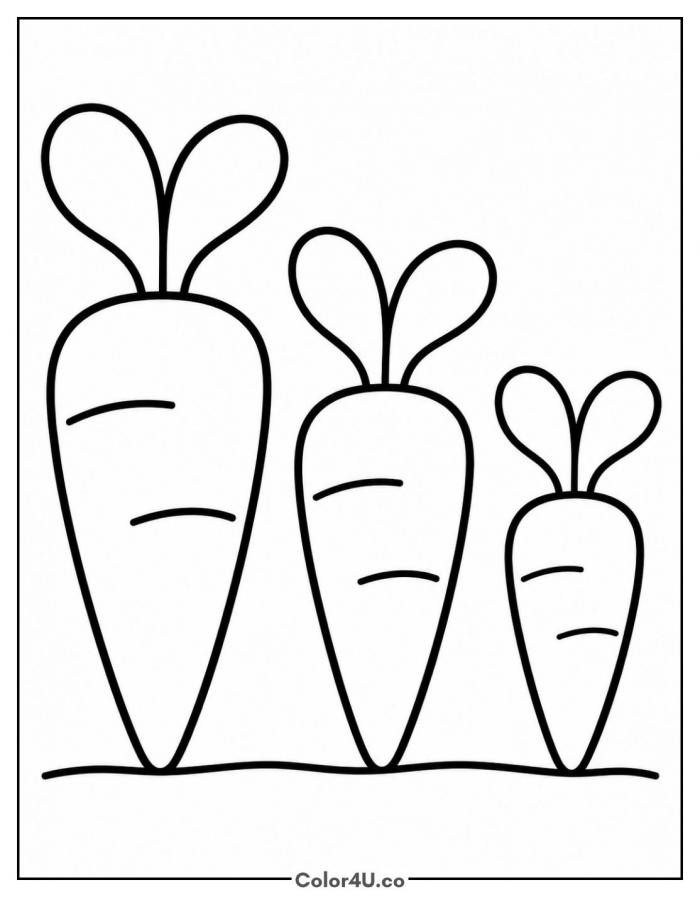 Three carrots in a row, easy carrot coloring page, free printable