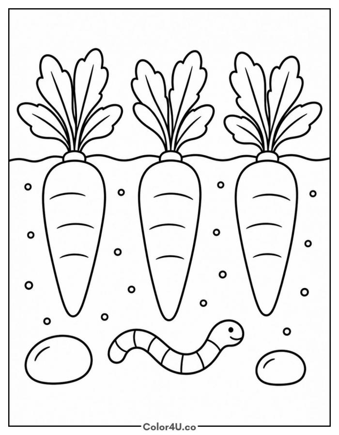 Carrots growing in the soil with a worm, easy carrot coloring page, free printable