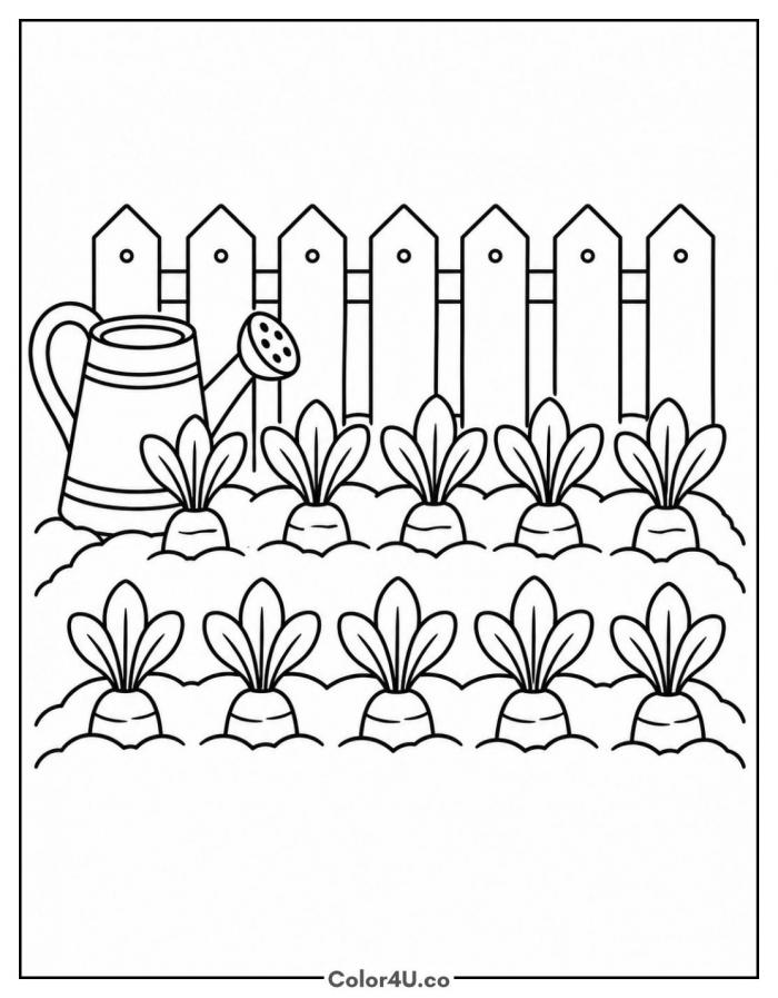 Carrot garden patch with fence and watering can, medium carrot coloring page, free printable