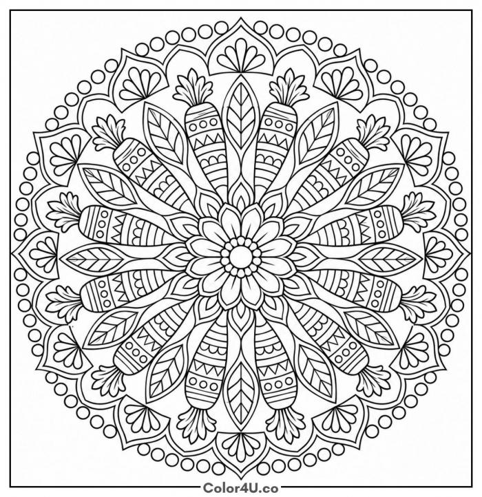 Carrot mandala with flower center, detailed carrot coloring page, free printable