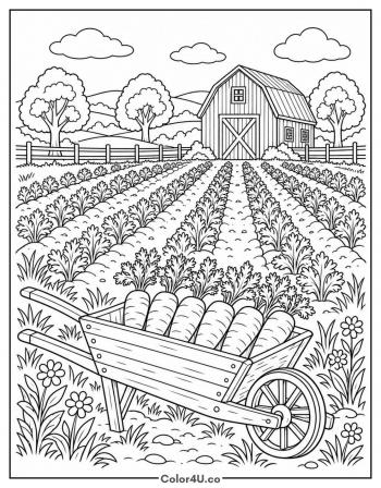 Carrot Farm Field with Barn coloring page
