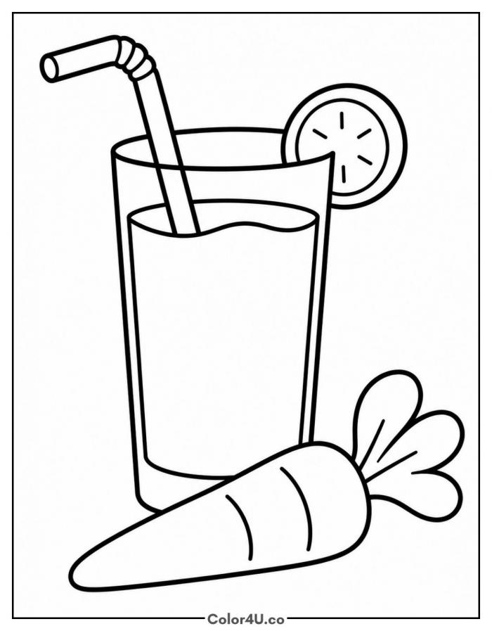 Glass of carrot juice with straw and carrot, easy carrot coloring page, free printable