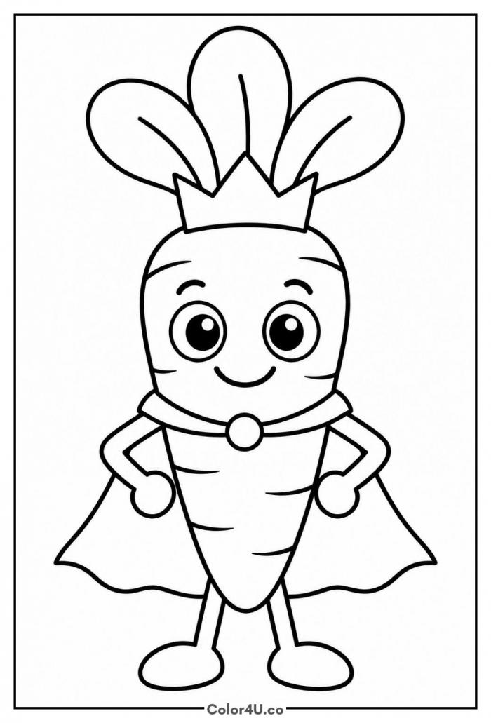 Carrot wearing a crown and cape, easy carrot coloring page, free printable
