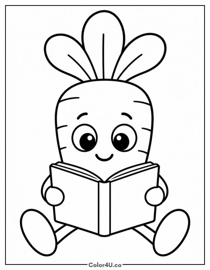 Carrot reading a book, easy carrot coloring page, free printable