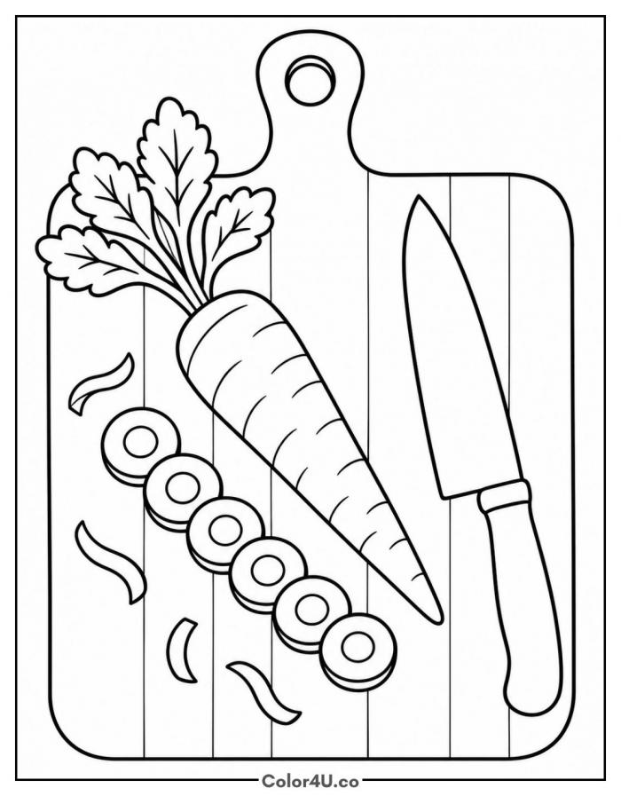 Carrot and slices on a cutting board with knife, medium carrot coloring page, free printable