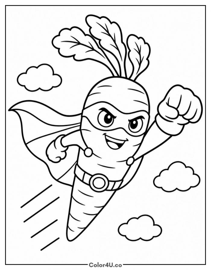 Superhero carrot flying with cape and mask, easy carrot coloring page, free printable