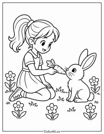 Girl Feeding a Bunny a Carrot coloring page