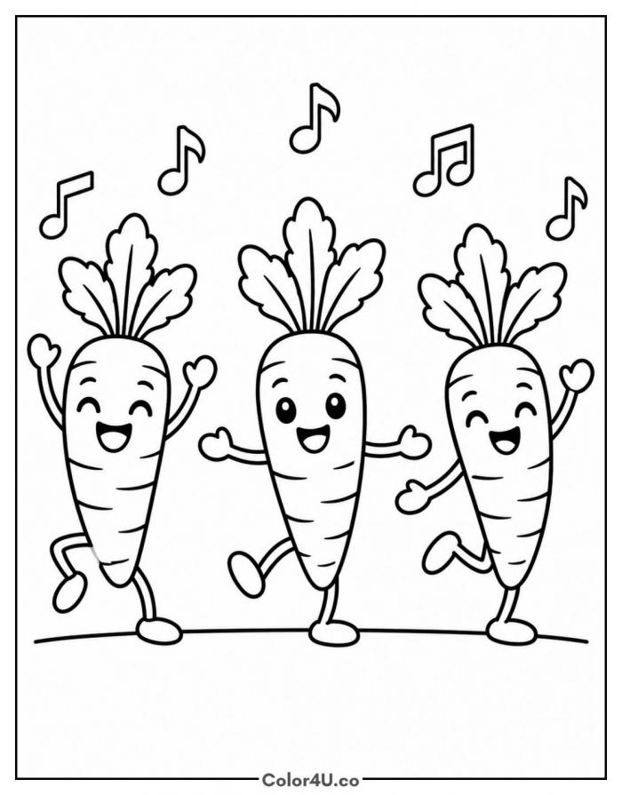 Three dancing carrot friends with music notes, easy carrot coloring page, free printable
