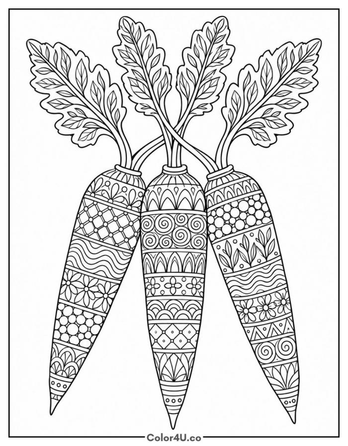 Zentangle carrot bunch with patterned leaves, detailed carrot coloring page, free printable