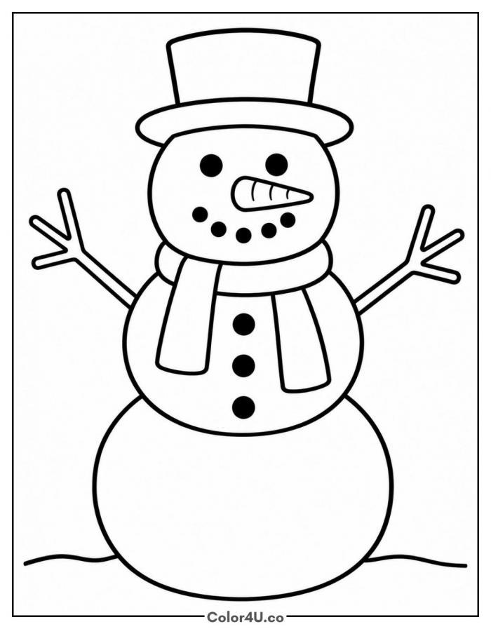 Snowman with a carrot nose, top hat, and scarf, easy carrot coloring page, free printable