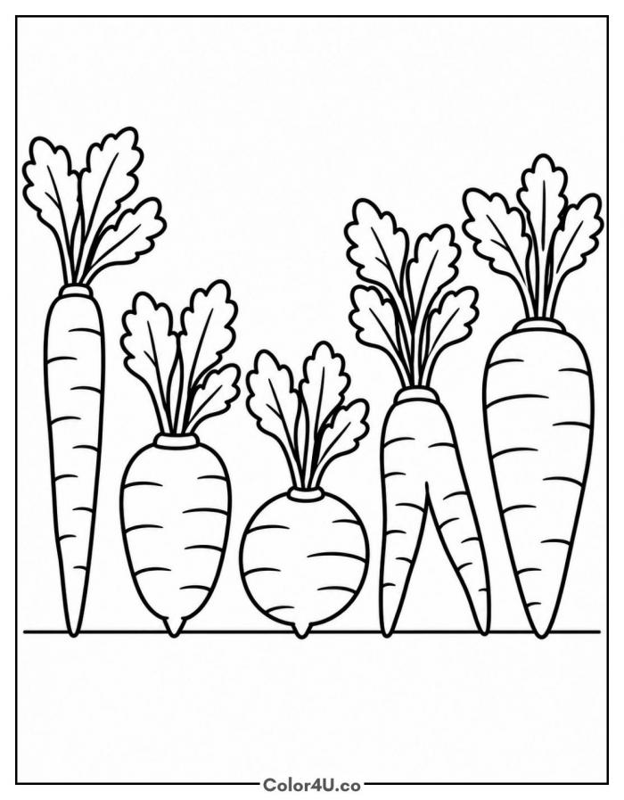 Rainbow carrot varieties in a row, easy carrot coloring page, free printable