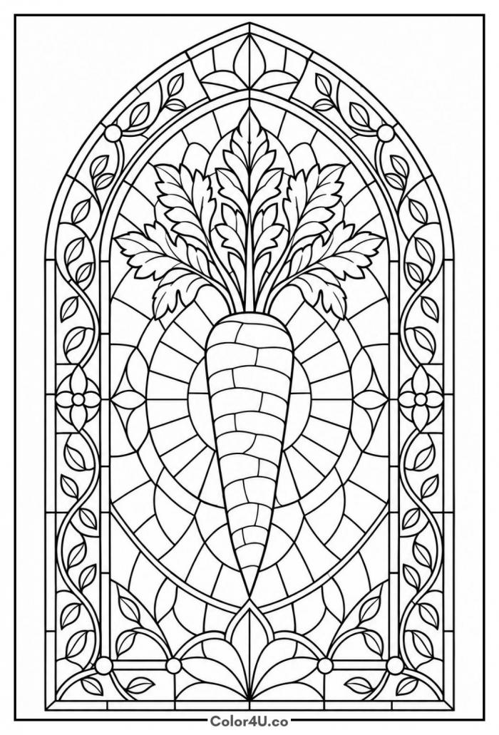 Stained glass carrot in an arched window, detailed carrot coloring page, free printable