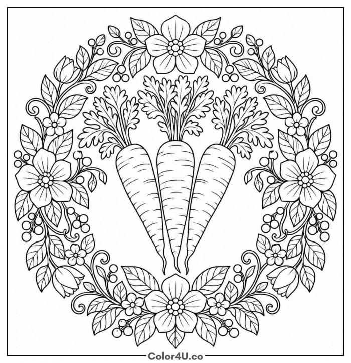 Three carrots in a floral wreath, detailed carrot coloring page, free printable