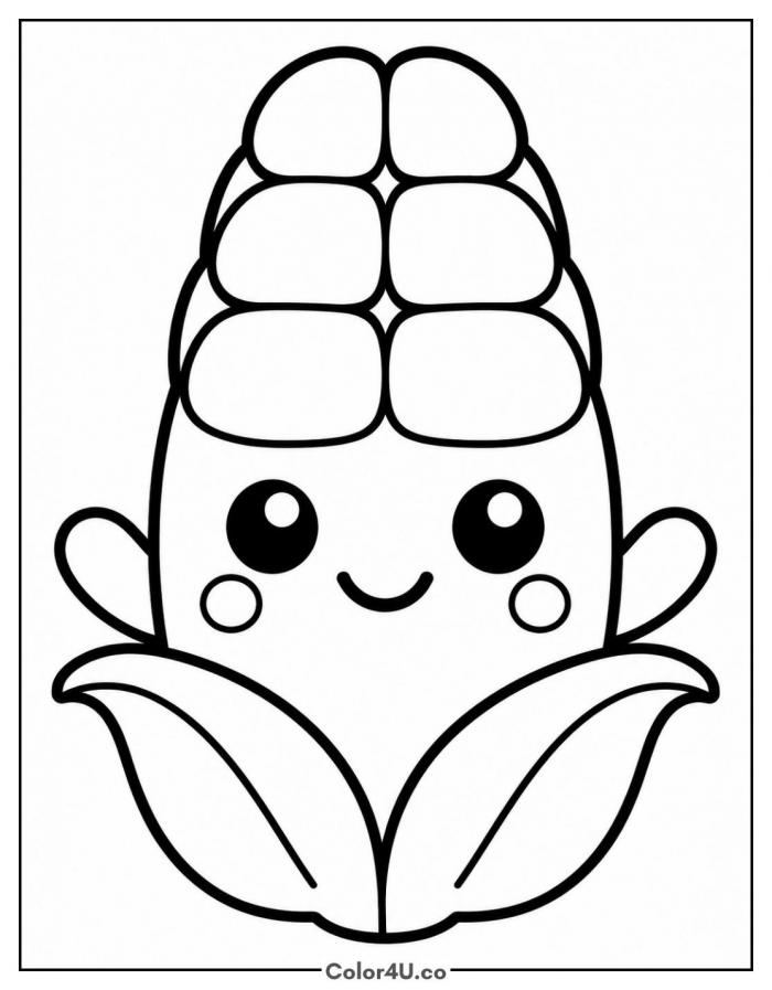 Kawaii corn with a smiling face, easy corn coloring page, free printable