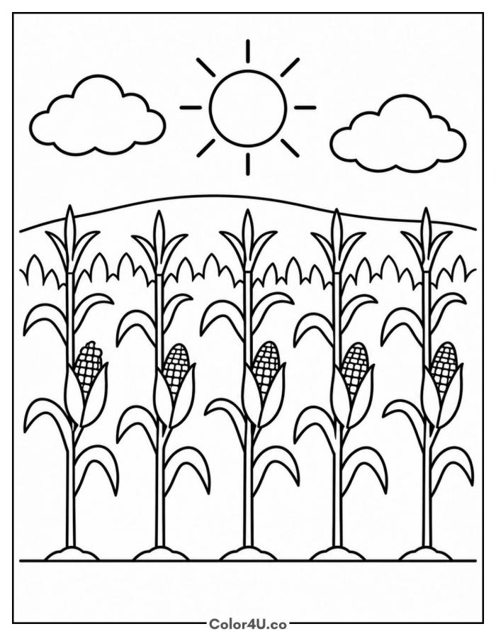 Sunny cornfield with five rows of corn stalks, medium corn coloring page, free printable