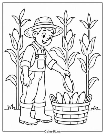 Farmer Picking Corn into a Basket coloring page