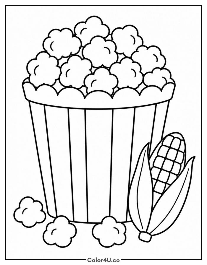 Striped popcorn bucket next to a corn cob, easy corn coloring page, free printable