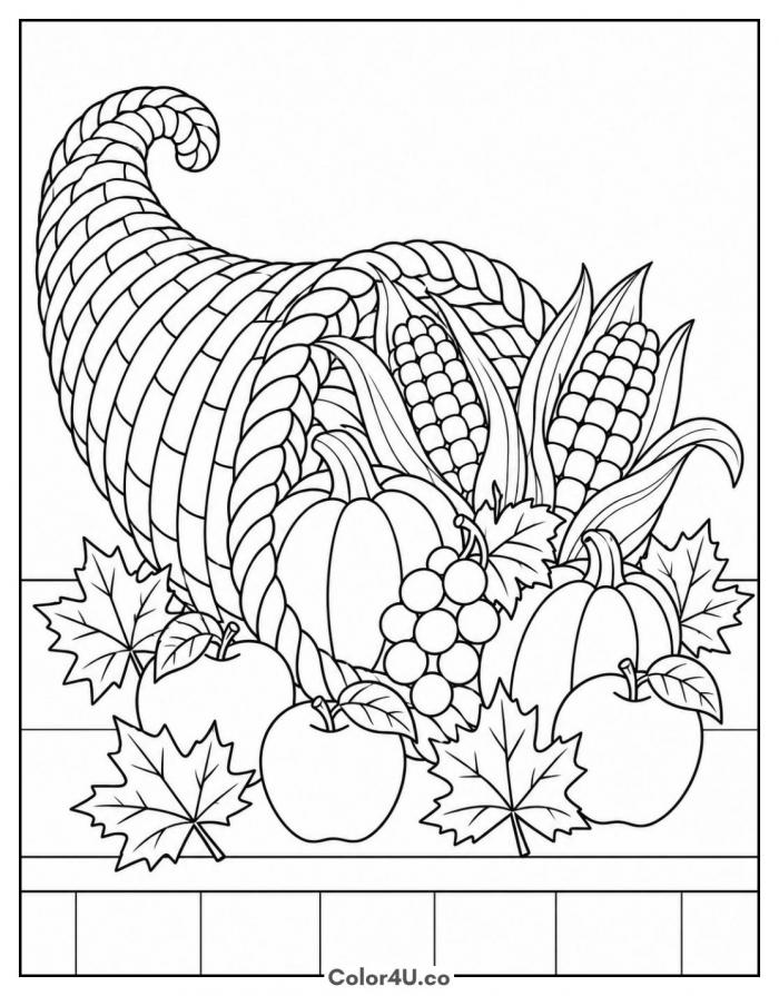 Harvest cornucopia with corn, pumpkins, and apples, detailed corn coloring page, free printable