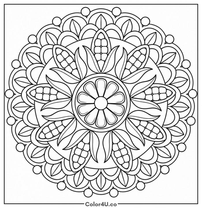 Corn mandala with ears of corn around a flower center, detailed coloring page, free printable