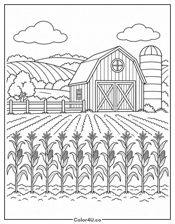Red barn and silo behind a cornfield, detailed corn coloring page, free printable