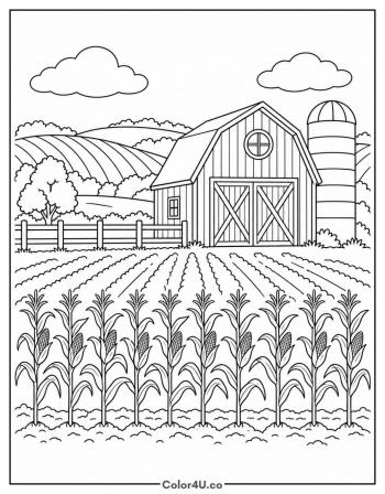 Red Barn and Cornfield Farm coloring page