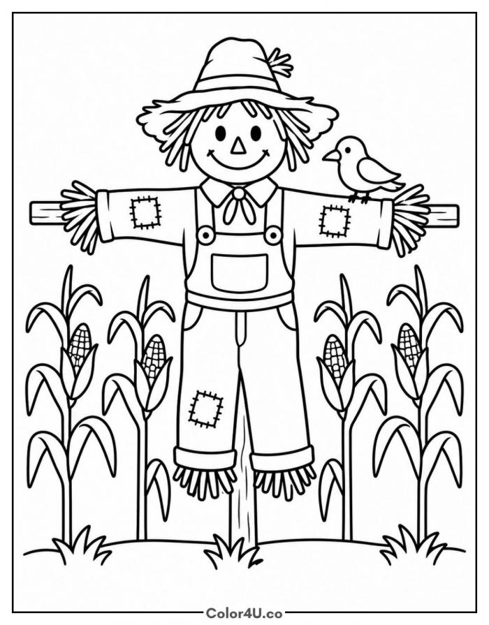 Smiling scarecrow in the cornfield with a bird, medium corn coloring page, free printable