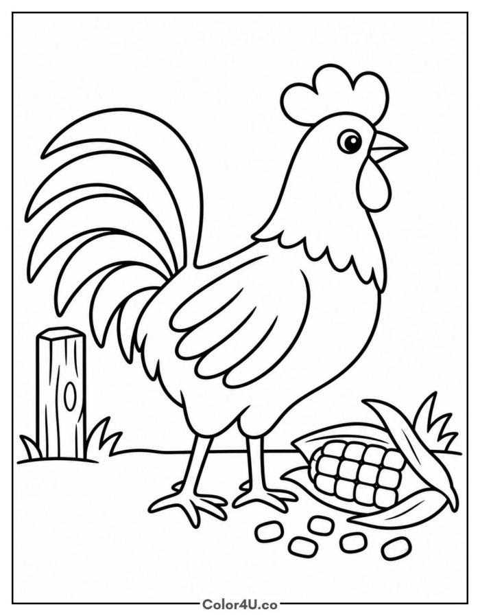 Rooster standing by an ear of corn, medium corn coloring page, free printable