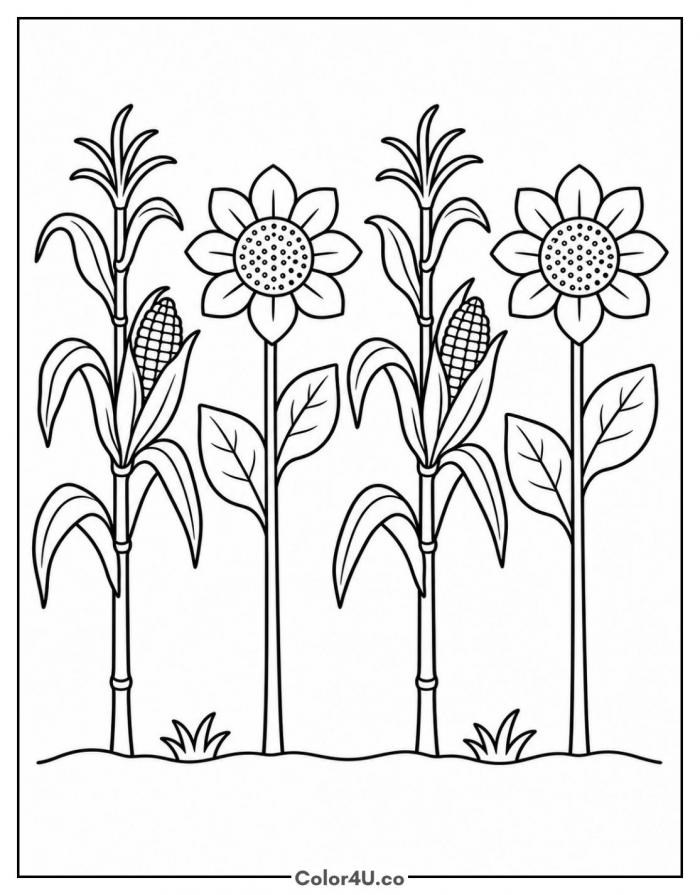 Corn stalks and sunflowers growing in a row, medium corn coloring page, free printable