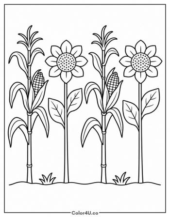 Corn Stalks and Sunflowers coloring page