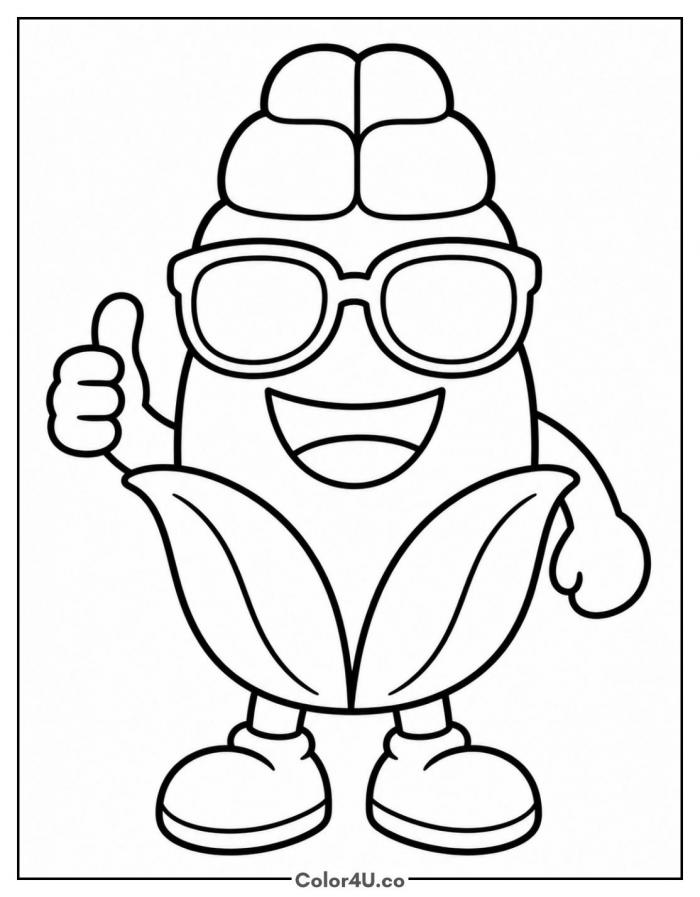 Cool corn character in sunglasses giving a thumbs up, easy corn coloring page, free printable