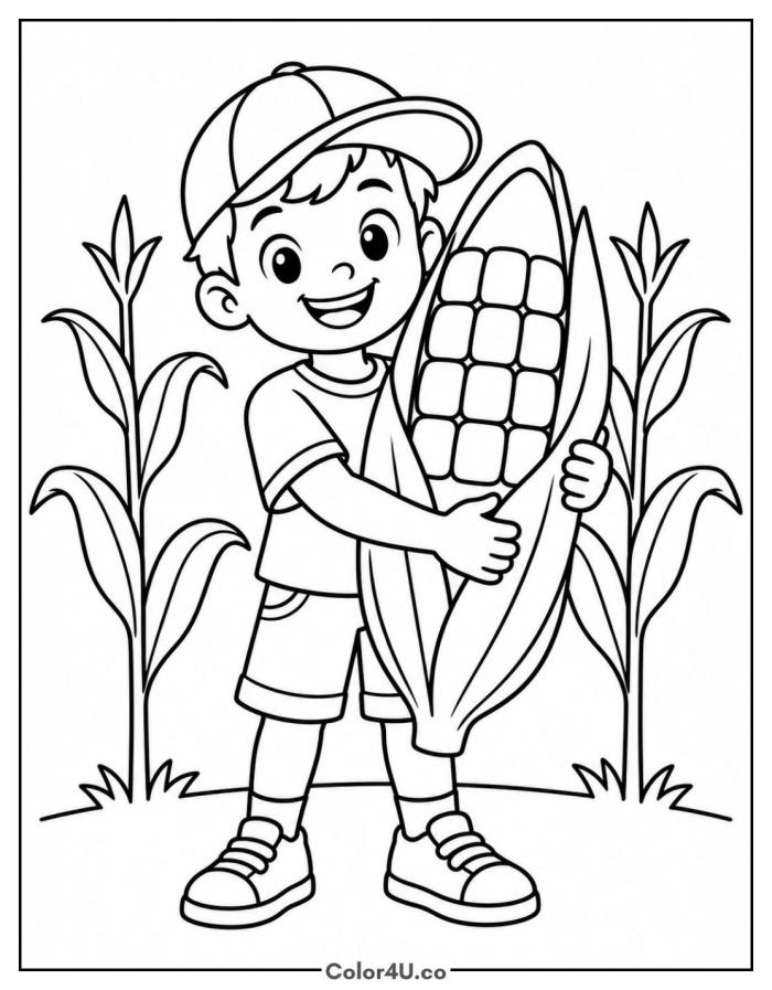 Boy hugging a giant ear of corn in a cornfield, medium corn coloring page, free printable