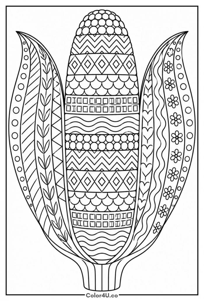 Zentangle corn cob with patterned bands and husks, detailed corn coloring page, free printable