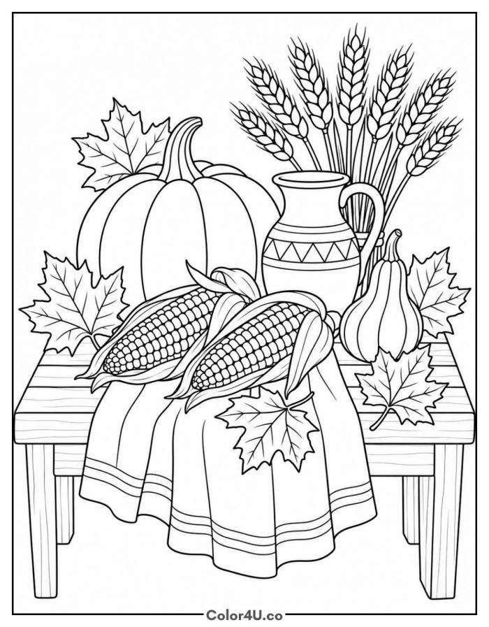Autumn harvest still life with corn, pumpkin, and wheat, detailed corn coloring page, free printable
